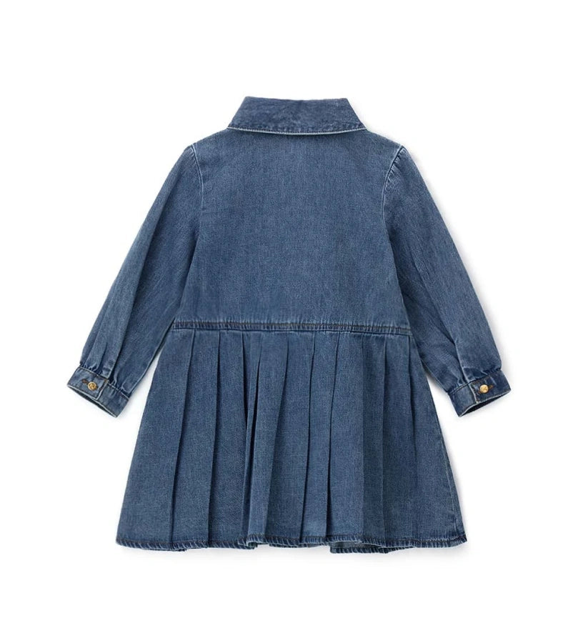 Τζιν φόρεμα με μακριά μανίκια και στρογγυλή λαιμόκοψη. Πρακτικό κουμπί τύπου press στο μπροστινό μέρος και λεπτή διακοσμητική κεντητική για ένα look κατάλληλο για κάθε περίσταση.