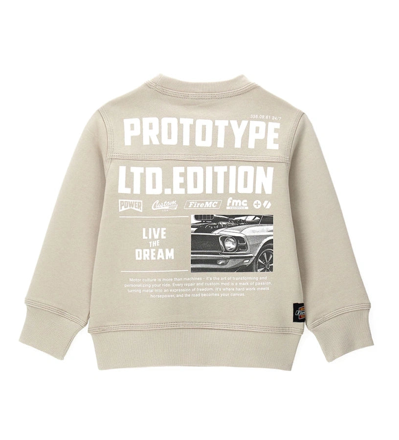 Μπεζ παιδικό φούτερ από βαμβάκι με στρογγυλή λαιμόκοψη και ριμπ τελειώματα. Διακοσμημένο με γραφικό τύπωμα στο μπροστινό και πίσω μέρος, διακοσμητική τομή στην πλάτη και πλαϊνή ετικέτα. Ένα μοντέρνο και άνετο κομμάτι, ιδανικό για casual εμφανίσεις με στυλ.