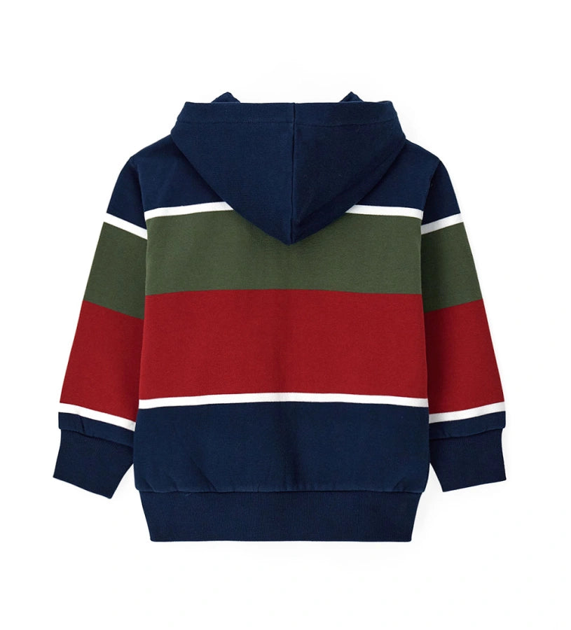 Παιδική ζακέτα από ζεστό βαμβάκι βαφής νημάτων, ιδανικό για καθημερινή άνεση. Διαθέτει επενδυμένη κουκούλα, ριμπ τελειώματα, άνοιγμα με φερμουάρ, τσέπη τύπου καγκουρό και κέντημα στο μπροστινό μέρος για μοντέρνο στυλ. Ένα πρακτικό και στιλάτο κομμάτι για casual χειμερινές εμφανίσεις.