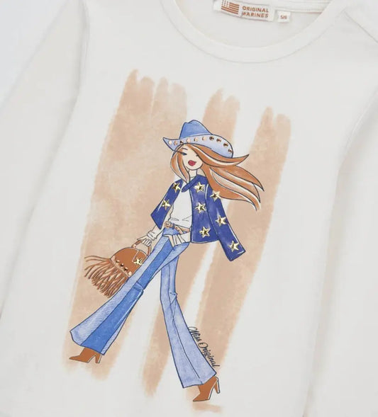 Μπλούζα από ελαστικό βαμβάκι με μακριά μανίκια και στρογγυλή λαιμόκοψη. Διακοσμημένη με τύπωμα και τρουκς στο μπροστινό μέρος, προσφέρει μια μοντέρνα και λαμπερή πινελιά σε κάθε κοριτσίστικη εμφάνιση. Ιδανική για casual looks με στυλ και άνεση.