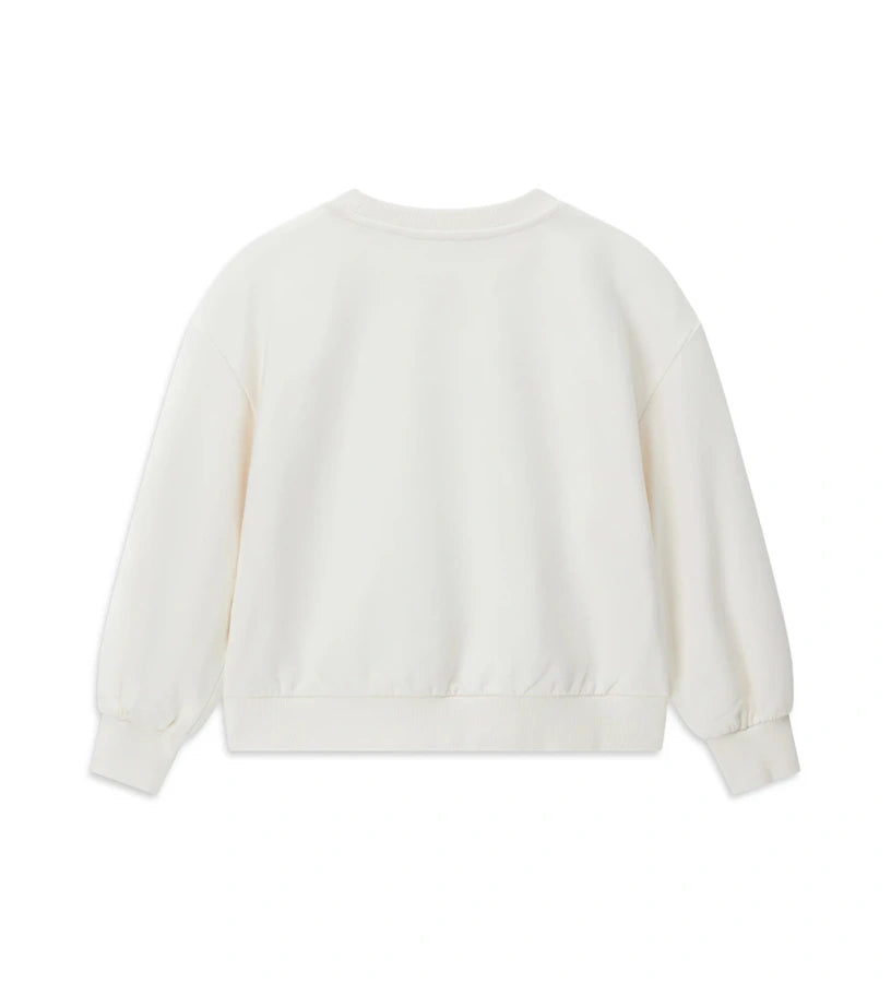 Φούτερ από ελαστικό βαμβάκι με απαλή φλις επένδυση εσωτερικά, στρογγυλή λαιμόκοψη και μακριά μανίκια. Διαθέτει ριμπ τελειώματα και διακοσμητικό foil τύπωμα με τρουκς και λαμπερές παγιέτες, προσθέτοντας μια κομψή και φωτεινή πινελιά σε κάθε κοριτσίστικη εμφάνιση.