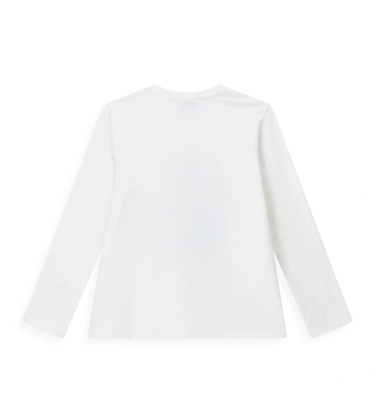 Μπλούζα με στρογγυλή λαιμόκοψη και μακριά μανίκια, από απαλό ύφασμα jersey, με τύπωμα και απλικέ στο μπροστινό μέρος. Ιδανική για casual αλλά πάντα μοντέρνες παιδικές εμφανίσεις, συνδυάζοντας άνεση και στυλ.