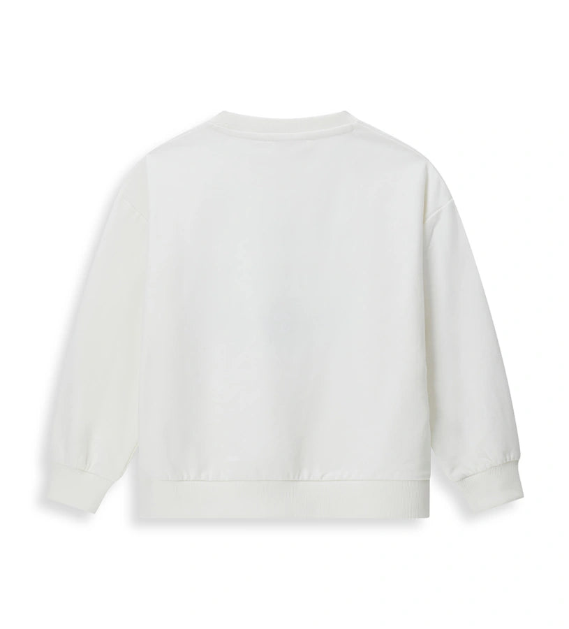 Φούτερ από ελαστικό βαμβάκι με στρογγυλή λαιμόκοψη και μακριά μανίκια. Διαθέτει ζεστή και απαλή φλις επένδυση εσωτερικά, καθώς και τύπωμα με γκλίτερ και παγιέτες στο μπροστινό μέρος για μια λαμπερή εμφάνιση.