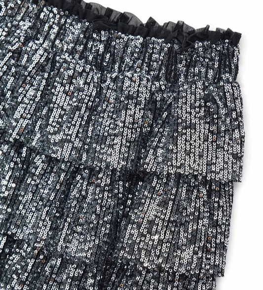 Φούστα από ύφασμα με πούλιες, με ελαστική μέση για άνετη εφαρμογή, τρία βολάν και βαμβακερή φόδρα, για μια λαμπερή εμφάνιση ιδανική για κάθε ιδιαίτερη περίσταση.