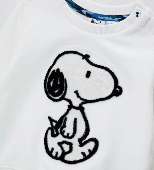 Λευκό παιδικό φούτερ Peanuts από ζεστό βαμβάκι, με στρογγυλή λαιμόκοψη, τύπωμα και κέντημα στο μπροστινό μέρος, καθώς και ριμπ τελειώματα για άνετη εφαρμογή. Για τα μεγέθη έως 2–3 ετών διαθέτει πρακτικό άνοιγμα με κουμπιά-σούστες για εύκολο ντύσιμο. Ιδανικό για άνετες και στιλάτες καθημερινές εμφανίσεις.
