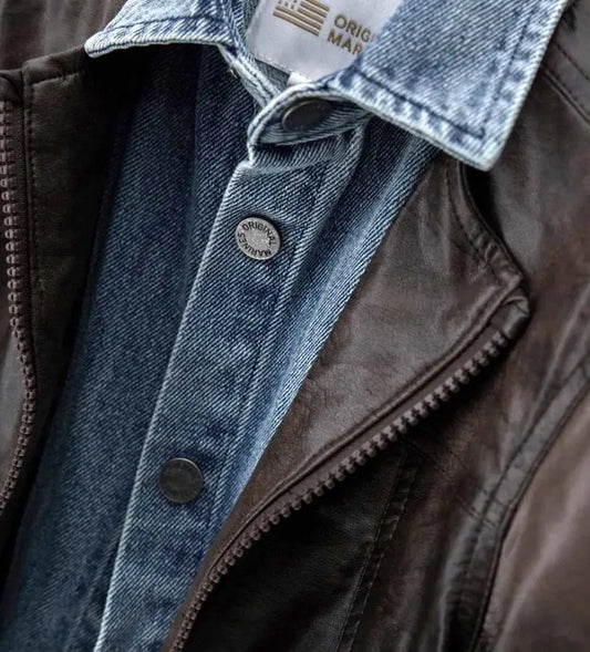 Κοντινό πλάνο στη σύνθεση του τεχνητού δέρματος και τη denim λεπτομέρεια του παιδικού μπουφάν.