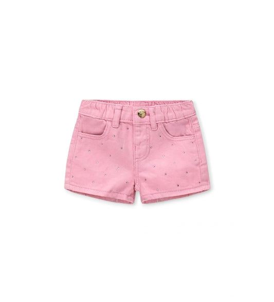 Παιδική βερμούδα twill για κορίτσι από 100% βαμβάκι με διακόσμηση στρας και μεταλλιζέ ζώνη.