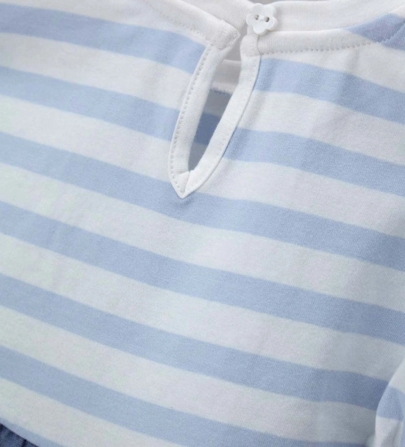 Παιδικό ριγέ T-shirt για κορίτσι με βολάν chambray και κέντημα λουλούδι Original Marines.