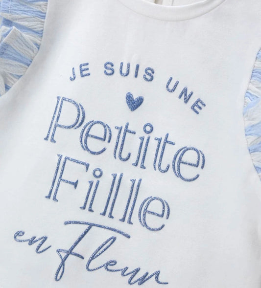 Παιδικό λευκό T-shirt για κορίτσι με ριγέ μανίκια βολάν από ποπλίνα Original Marines.