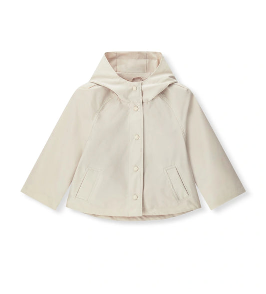 Παιδικό μπουφάν για κορίτσι σε μπεζ χρώμα με κουκούλα και κουμπιά.