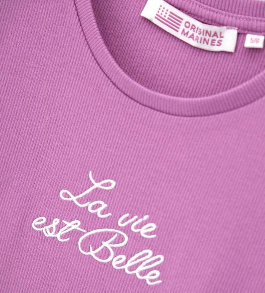 Μωβ κοριτσίστικο ριμπ μπλουζάκι Original Marines με κέντημα La Vie Est Belle.