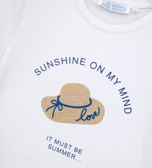 Παιδικό λευκό T-shirt για κορίτσι 5-14 ετών με λαμπερό τύπωμα καπέλο Original Marines.