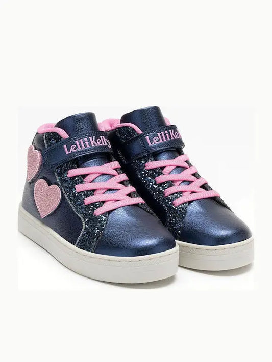 Παιδικά μποτάκια Lelli Kelly Miriam Blu LKAA5216 για κορίτσια, μπλε με γκλίτερ καρδιές. Αντιολισθητική σόλα, μαλακός πάτος, εύκολη εφαρμογή με κορδόνια και αυτοκόλλητο