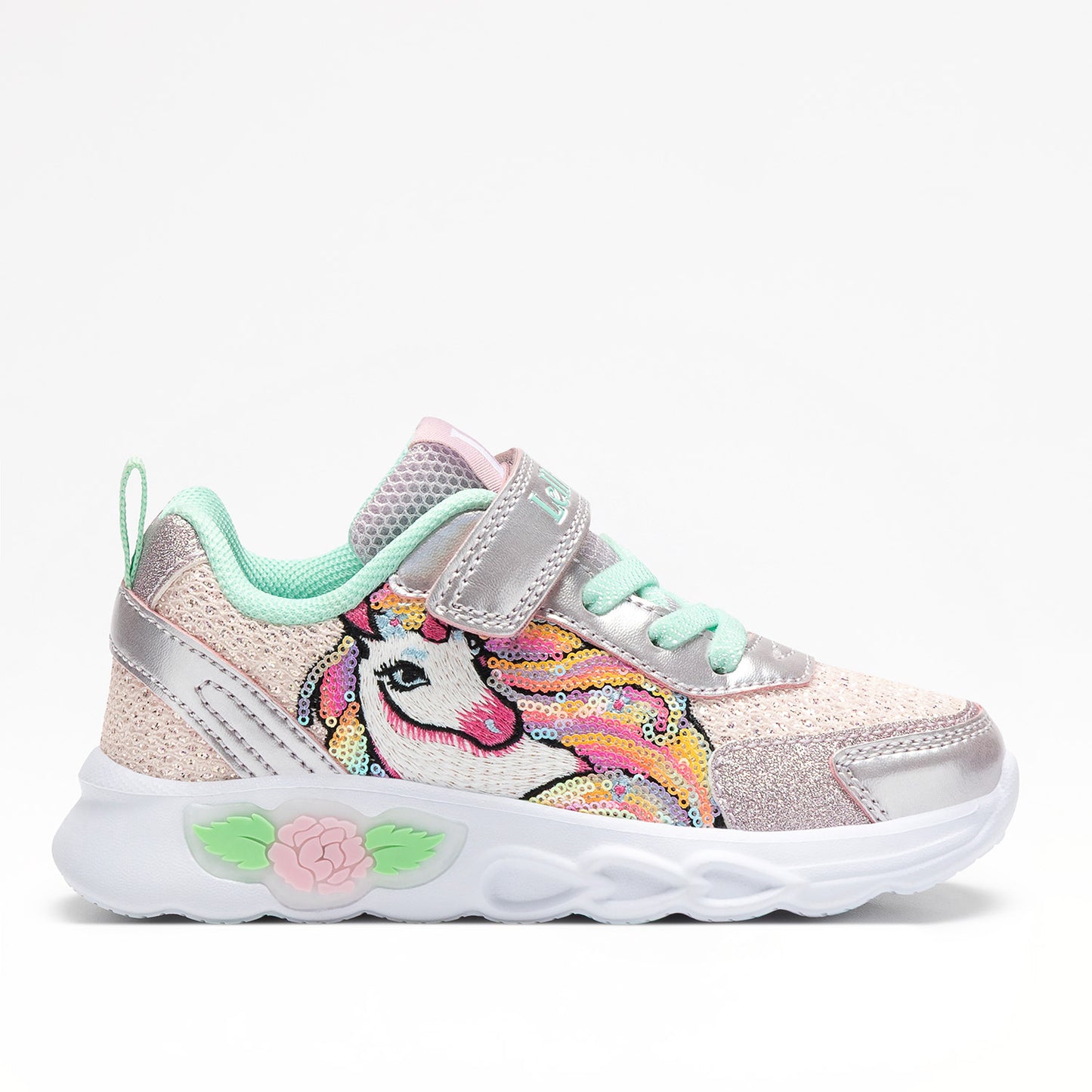 Πλάγια όψη Lelli Kelly sneaker για κορίτσι με ροζ floral σχέδια και λευκές λεπτομέρειες.