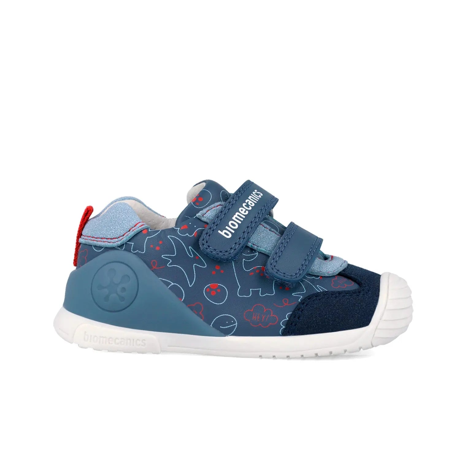 Βρεφικό sneaker Biomecanics για αγόρι σε μπλε χρώμα με παιχνιδιάρικα σχέδια και σκρατς.