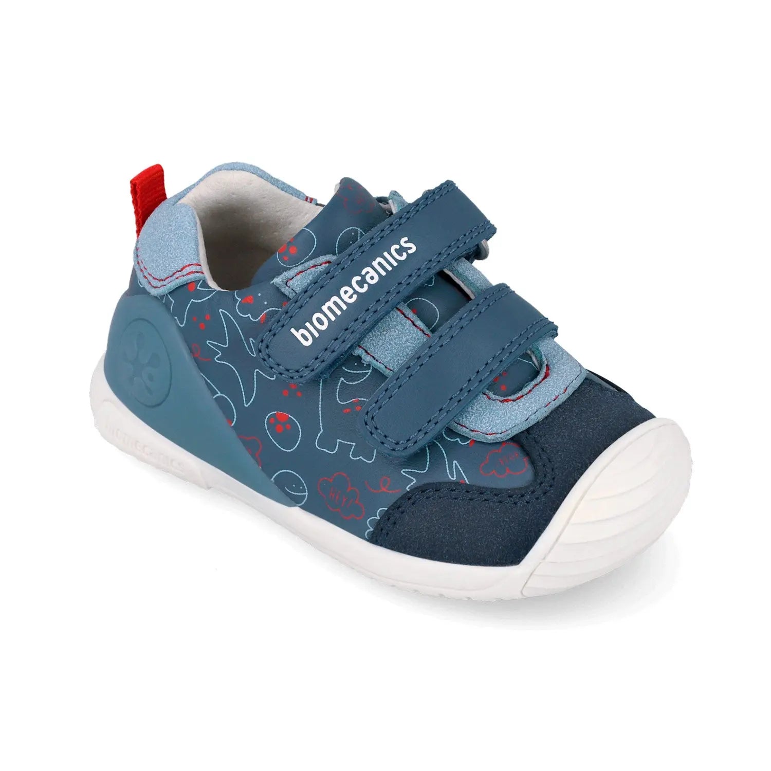 Βρεφικό sneaker Biomecanics για αγόρι σε μπλε χρώμα με παιχνιδιάρικα σχέδια και σκρατς.