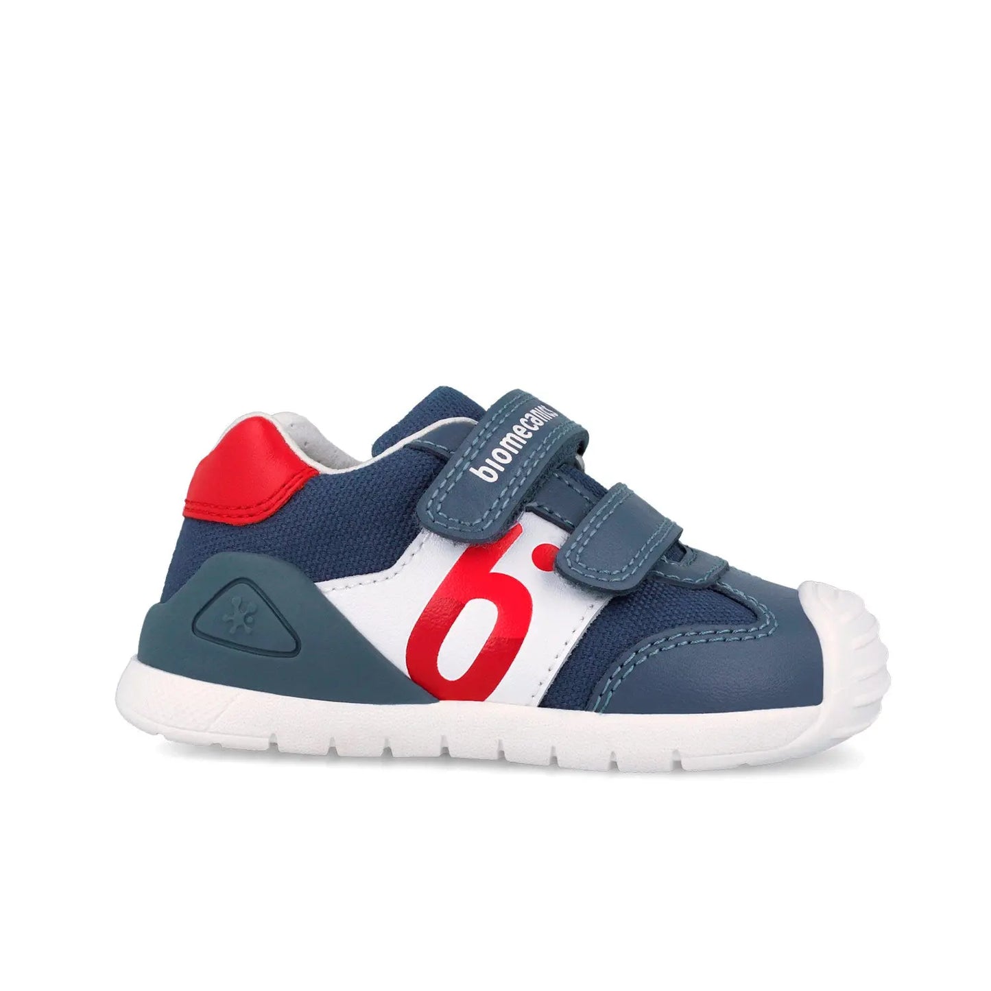 Βρεφικό sneaker Biomecanics για αγόρι σε μπλε χρώμα με κόκκινες λεπτομέρειες και σχέδια.