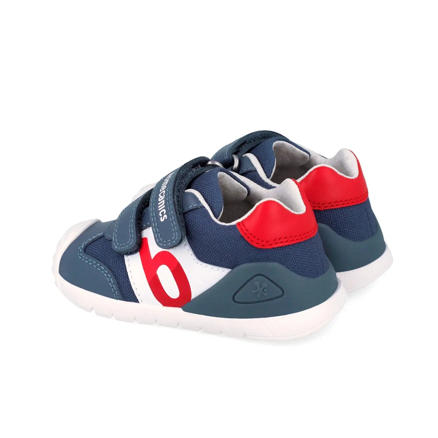 Βρεφικό sneaker Biomecanics για αγόρι σε μπλε χρώμα με κόκκινες λεπτομέρειες και σχέδια.