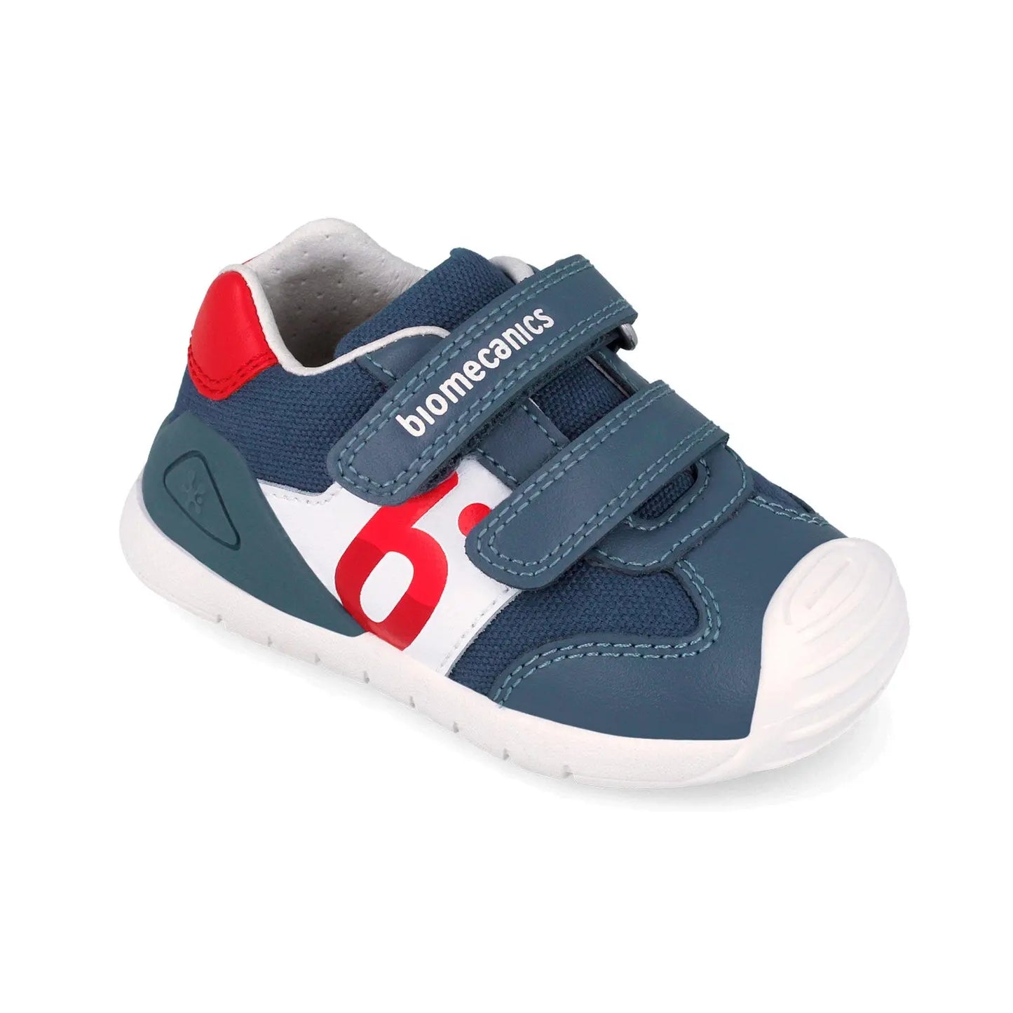 Βρεφικό sneaker Biomecanics για αγόρι σε μπλε χρώμα με κόκκινες λεπτομέρειες και σχέδια.