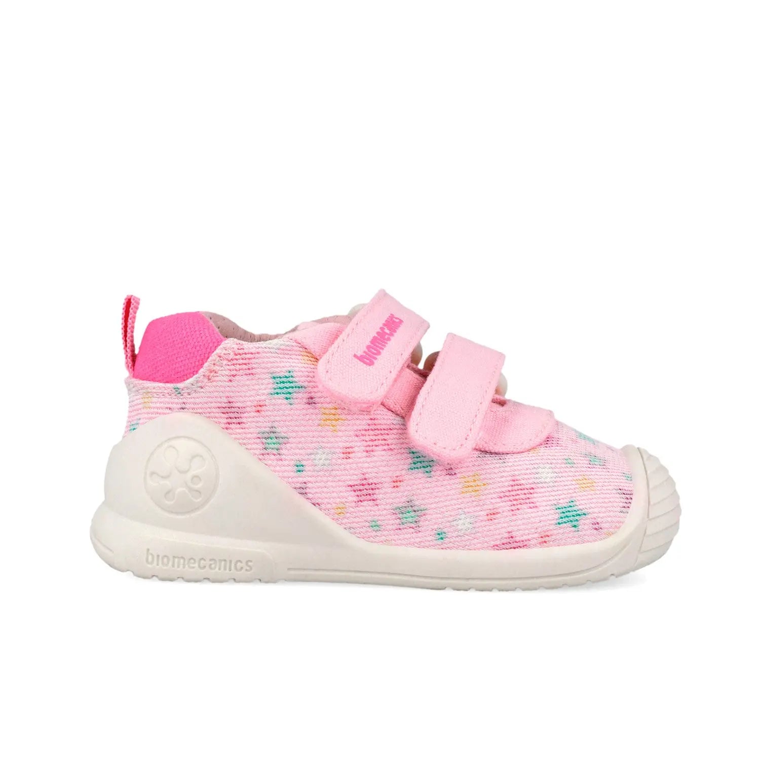 Βρεφικά sneakers Biomecanics για κορίτσι σε λευκό δέρμα με ροζ λεπτομέρειες και κλείσιμο velcro.