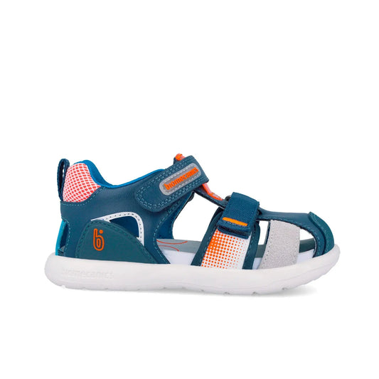 Μπλε παπουτσοπέδιλο Biomecanics αγοριού με πορτοκαλί βελκρο λουριά, Μπορεί να φορεθεί σε παιδικές χαρές, βόλτες στην φύση, σχολικές δραστηριότητες