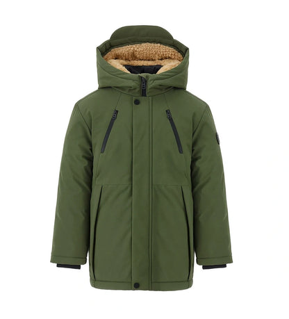 Καπιτονέ μπουφάν τύπου parka από νάιλον με κουκούλα από οικολογική γούνα και αντίθετη εσωτερική φόδρα. Κλείσιμο με φερμουάρ και κουμπιά-σούστες, ριμπ μανίκια για μέγιστη άνεση.