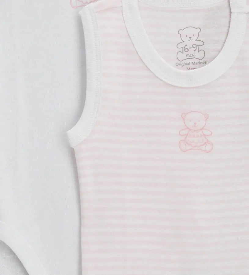 Σετ δύο βρεφικών κορμακιών αμάνικων από βαμβάκι costina

Λευκό βρεφικό body canottiera από 100% βαμβάκι

Ροζ ριγέ βρεφικό κορμάκι αμάνικο από costina

Λεπτομέρεια ενισχυμένων τελειωμάτων και κουμπιών στο καβάλο