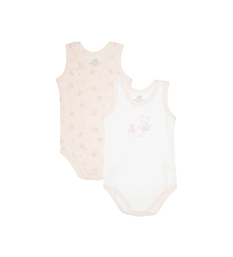 Σετ δύο κορμάκια-φανελάκια από ριμπ βαμβάκι. Το ένα είναι μονόχρωμο λευκό, ενώ το άλλο έχει ροζ ριγέ σχέδιο. Διαθέτουν ενισχυμένα τελειώματα και κλείσιμο με αυτόματα κουμπάκια, προσφέροντας άνεση και πρακτικότητα για καθημερινή χρήση.