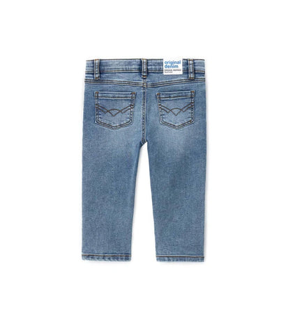 Παιδικό τζιν παντελόνι για αγόρι σε μπλε denim χρώμα με 5 τσέπες και ελαστική μέση.