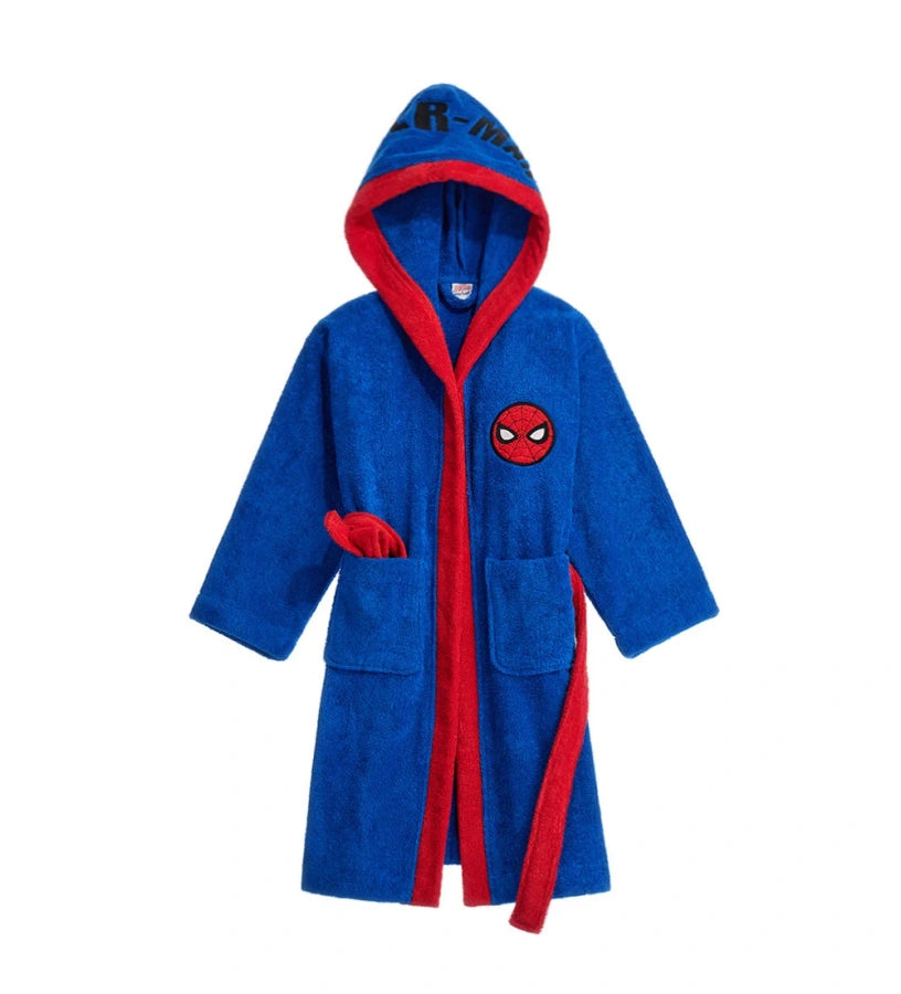 Παιδικό μπουρνούζι Spider-Man από κόκκινο και μπλε βαμβακερό πετσετέ ύφασμα.