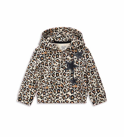 Ζεστό φούτερ από ελαστικό βαμβάκι με κουκούλα επενδεδυμένη με βαμβάκι, μακριά μανίκια και πρακτικό φερμουάρ. Πουά τύπωμα με αστέρια και θερμοκολλημένα studs.