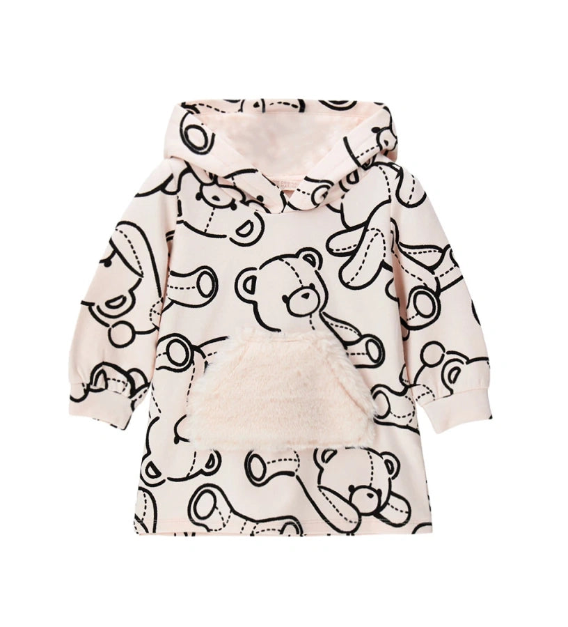 Ζεστό φόρεμα-φούτερ από βαμβάκι με κουκούλα, συνολικό τύπωμα και μπροστινή τσέπη τύπου καγκουρό από ψεύτικη γούνα, για έναν τέλειο συνδυασμό άνεσης και γλυκύτητας.