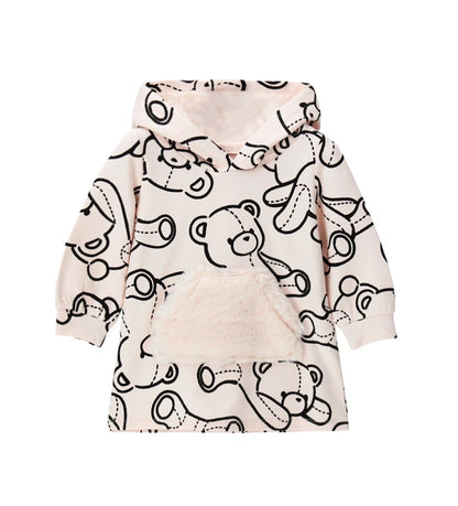 Ζεστό φόρεμα-φούτερ από βαμβάκι με κουκούλα, συνολικό τύπωμα και μπροστινή τσέπη τύπου καγκουρό από ψεύτικη γούνα, για έναν τέλειο συνδυασμό άνεσης και γλυκύτητας.