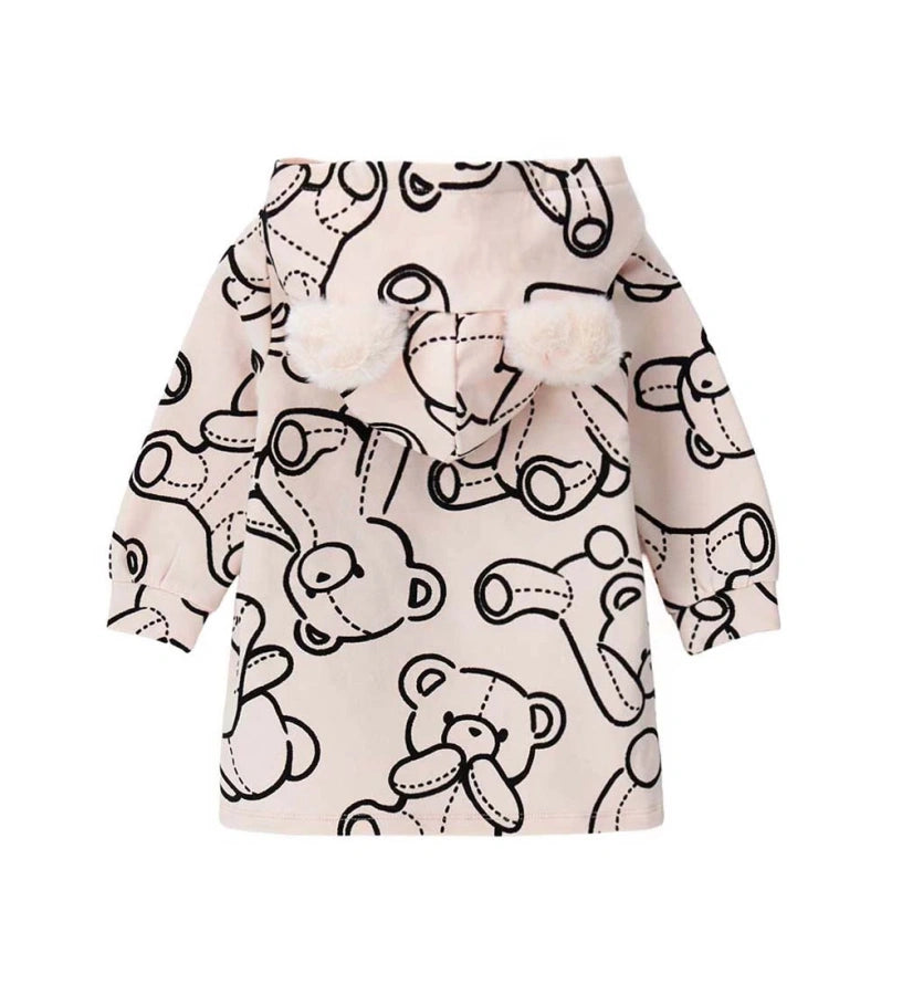 Ζεστό φόρεμα-φούτερ από βαμβάκι με κουκούλα, συνολικό τύπωμα και μπροστινή τσέπη τύπου καγκουρό από ψεύτικη γούνα, για έναν τέλειο συνδυασμό άνεσης και γλυκύτητας.