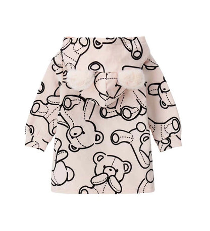 Ζεστό φόρεμα-φούτερ από βαμβάκι με κουκούλα, συνολικό τύπωμα και μπροστινή τσέπη τύπου καγκουρό από ψεύτικη γούνα, για έναν τέλειο συνδυασμό άνεσης και γλυκύτητας.