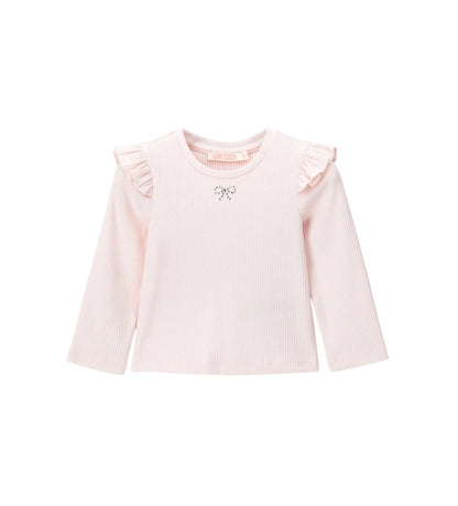 Σετ με φόρεμα από ύφασμα τύπου μάλλινο και μπλούζα ριπ με βολάν στους ώμους. Η μπλούζα είναι διακοσμημένη με στρας στο μπροστινό μέρος, ενώ το φόρεμα διαθέτει πλαϊνά κουμπιά για εύκολο φόρεμα. Ένα γλυκό και κομψό σετ, ιδανικό για κοριτσίστικες εμφανίσεις με ρομαντική και εκλεπτυσμένη πινελιά.