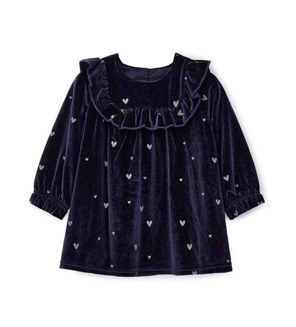 Φόρεμα από βελούδινο chenille με στρογγυλή λαιμόκοψη, διακοσμητική λεπτομέρεια με βολάν στο μπροστινό μέρος, μανίκια με σούρα στο τελείωμα και συνολικό τύπωμα με γκλίτερ.