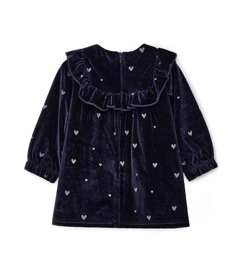 Φόρεμα από βελούδινο chenille με στρογγυλή λαιμόκοψη, διακοσμητική λεπτομέρεια με βολάν στο μπροστινό μέρος, μανίκια με σούρα στο τελείωμα και συνολικό τύπωμα με γκλίτερ.