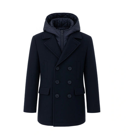 Διπλόπετο παλτό από μάλλινο ύφασμα, κομψό και ζεστό, με εσωτερική επένδυση. Διαθέτει αποσπώμενη κουκούλα από καπιτονέ και επενδυμένο ripstop νάιλον, καθώς και μπροστινό άνοιγμα με κουμπιά.