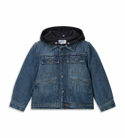 Παιδικό τζιν μπουφάν σε biker στυλ, με καπιτονέ και επενδυμένη εσωτερική φόδρα για επιπλέον ζεστασιά. Διαθέτει αποσπώμενη κουκούλα από fleece και πρακτικό άνοιγμα με κουμπιά-σούστες. Ιδανικό για μοντέρνες και άνετες casual εμφανίσεις.