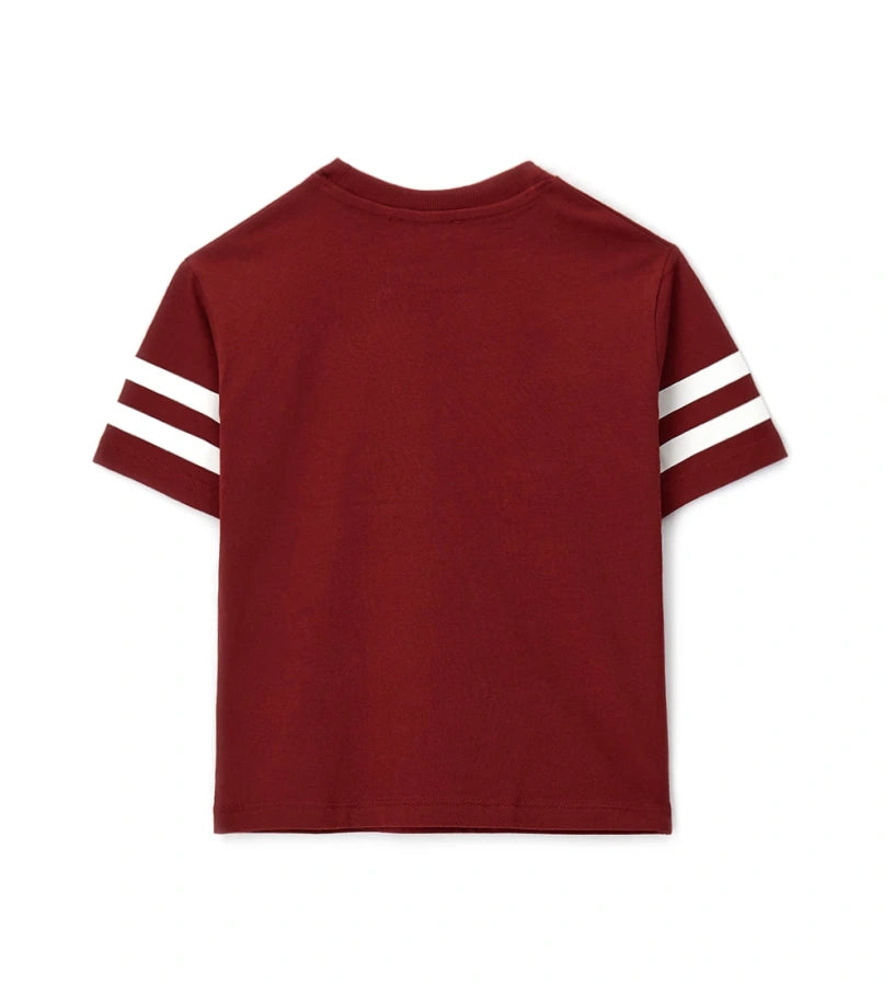 Μπλούζα με κοντά μανίκια, ριμπ στρογγυλή λαιμόκοψη και φωτεινό τύπωμα στο μπροστινό μέρος και στο μανίκι — ιδανική για κάθε περίσταση.