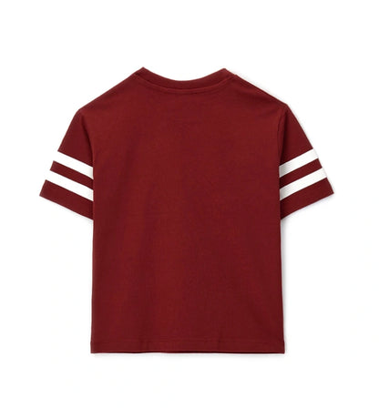 Μπλούζα με κοντά μανίκια, ριμπ στρογγυλή λαιμόκοψη και φωτεινό τύπωμα στο μπροστινό μέρος και στο μανίκι — ιδανική για κάθε περίσταση.