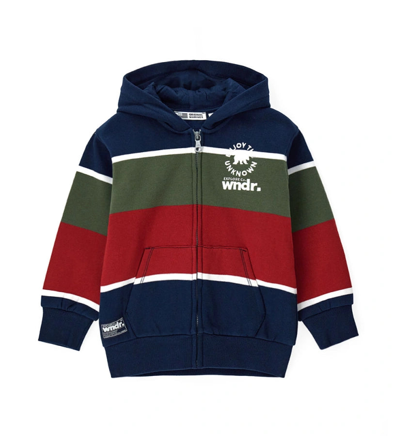 Παιδική ζακέτα από ζεστό βαμβάκι βαφής νημάτων, ιδανικό για καθημερινή άνεση. Διαθέτει επενδυμένη κουκούλα, ριμπ τελειώματα, άνοιγμα με φερμουάρ, τσέπη τύπου καγκουρό και κέντημα στο μπροστινό μέρος για μοντέρνο στυλ. Ένα πρακτικό και στιλάτο κομμάτι για casual χειμερινές εμφανίσεις.