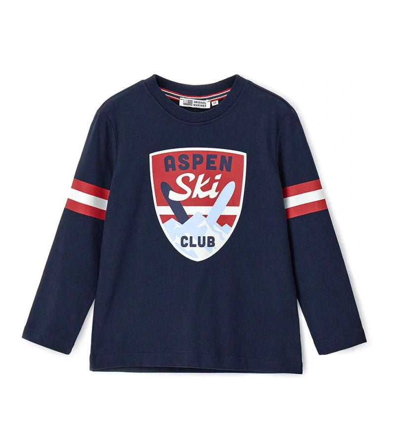 Μπλουζάκι μακρυμάνικο σε μπλε χρώμα, από απαλό βαμβάκι, με στρογγυλή λαιμόκοψη και ριμπ τελείωμα. Διακοσμημένο με στάμπες, ιδανικό για άνετες και μοντέρνες εμφανίσεις.