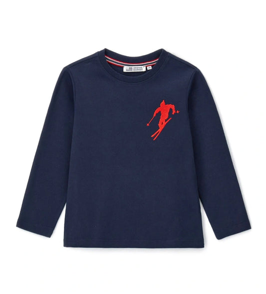 Μπλούζα με μακριά μανίκια από απαλό βαμβάκι, με ριπ στρογγυλή λαιμόκοψη. Διακοσμημένη με γραφικά στοιχεία μέσω εκτύπωσης και κεντήματος, για ένα πρωτότυπο και μοντέρνο στυλ.