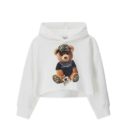 Κοντό φούτερ με κουκούλα από ελαστικό βαμβάκι και μακριά μανίκια. Τύπωμα με glitter και μισές πέρλες στο μπροστινό μέρος για ένα μοντέρνο και λαμπερό στυλ.