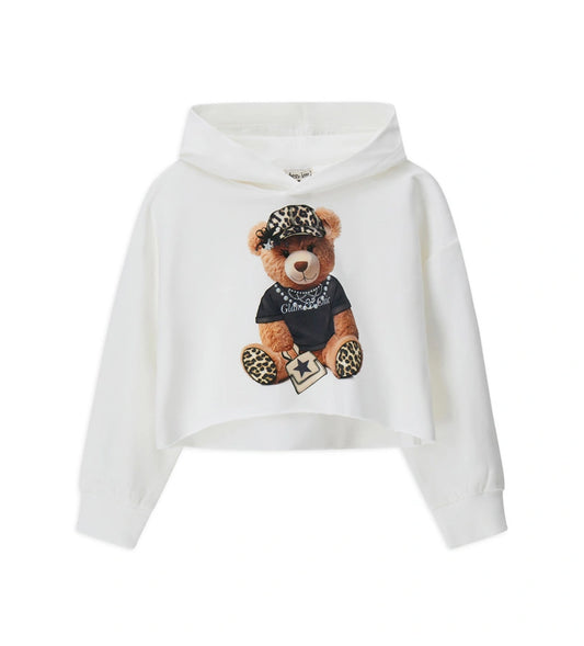 Κοντό φούτερ με κουκούλα από ελαστικό βαμβάκι και μακριά μανίκια. Τύπωμα με glitter και μισές πέρλες στο μπροστινό μέρος για ένα μοντέρνο και λαμπερό στυλ.