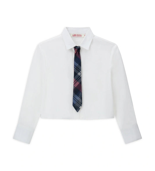 Κομψό και μοντέρνο πουκάμισο με κλασικό γιακά, μακριά μανίκια, μπροστινό κλείσιμο με κουμπιά και αποσπώμενη καρό (tartan) γραβάτα, για ένα super chic look.