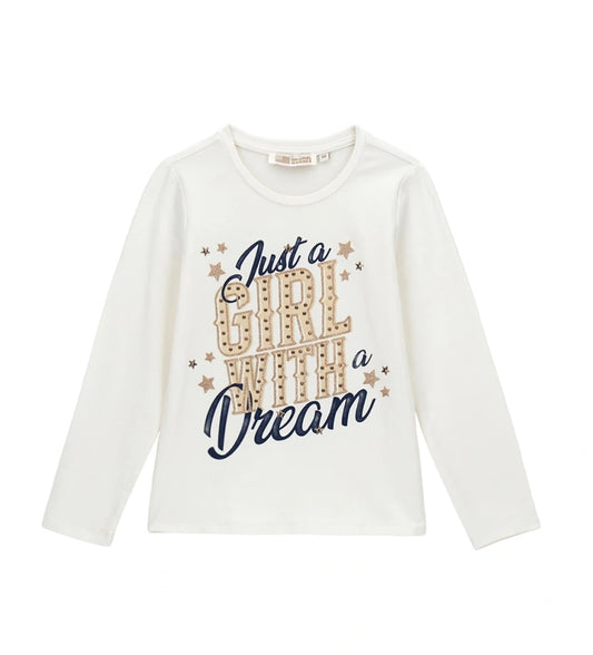 Άνετη και μοντέρνα μπλούζα από ελαστικό βαμβάκι, με στρογγυλή λαιμόκοψη και μακριά μανίκια, διακοσμημένη με τύπωμα και διακοσμητικές λεπτομέρειες στο μπροστινό μέρος.