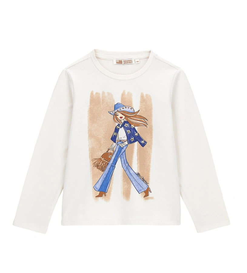 Μπλούζα από ελαστικό βαμβάκι με μακριά μανίκια και στρογγυλή λαιμόκοψη. Διακοσμημένη με τύπωμα και τρουκς στο μπροστινό μέρος, προσφέρει μια μοντέρνα και λαμπερή πινελιά σε κάθε κοριτσίστικη εμφάνιση. Ιδανική για casual looks με στυλ και άνεση.